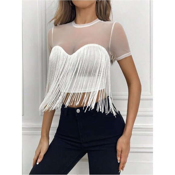 Women's Contrast Mesh Short Sleeve Fringe Trim Crop Top Tee Shirts - Picture 3 of 5